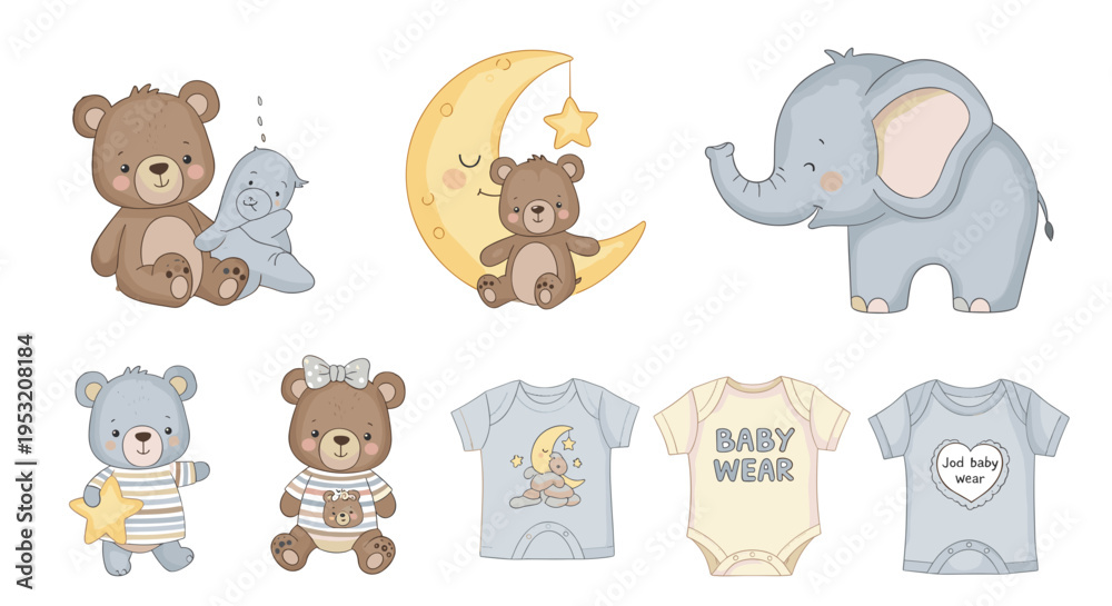 Obraz premium Adorable baby animals and clothing collection bears elephant moon stars onesies