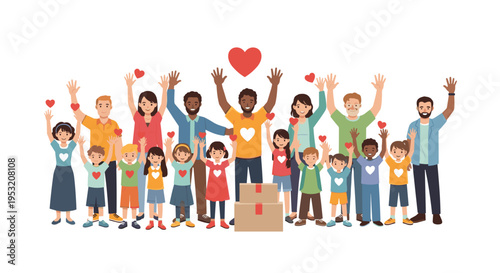 Diverse group of happy people and children holding hands showing unity love