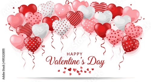 Heart shaped balloons floating upwards celebrating valentine's day with festive