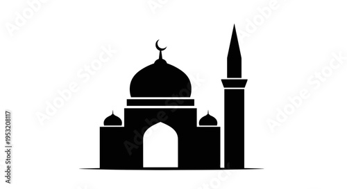 Mosque Silhouette with Minaret and Dome.