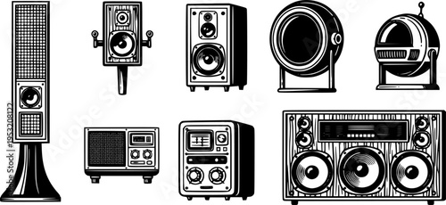 Black and white stereo speakers with a retro and bold illustration style
