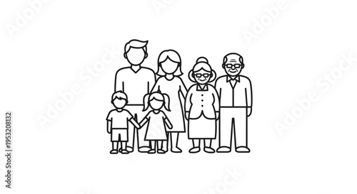 Diverse multi generational family group portrait standing together in simple