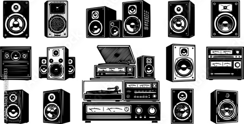 Black and white stereo speakers with a retro and bold illustration style
