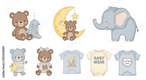 Adorable baby animals and clothing collection bears elephant moon stars onesies