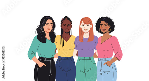 Diverse group of four women standing together arms around each other smiling