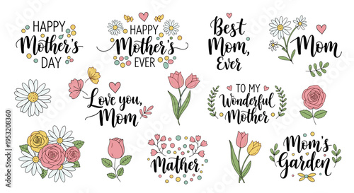Collection of hand drawn mother's day greetings and floral elements