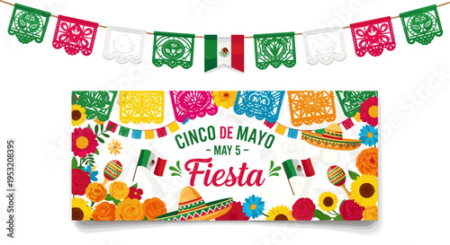 Vibrant cinco de mayo fiesta banner with papel picado flowers and mexican flags