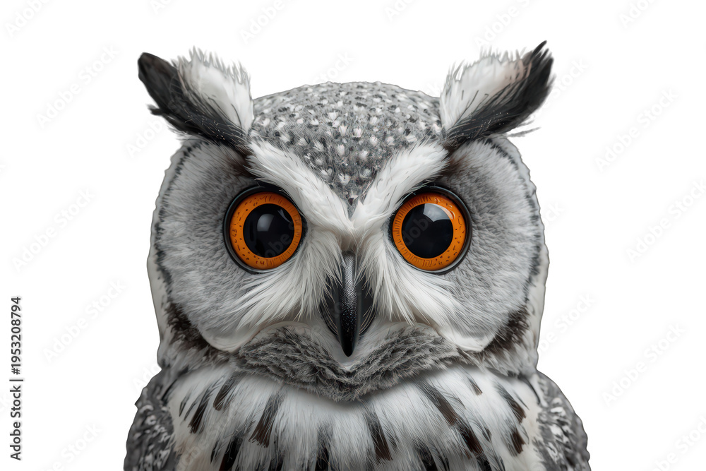 Obraz premium Owl close up looking at camera, wild animal portrait with orange eyes, transparent background for wildlife concepts