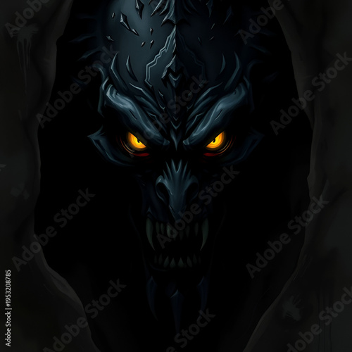 A haunting visage of a dark, powerful entity emerging from the shadows, its piercing yellow eyes glowing with intense malevolence and ancient wisdom