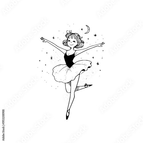 Whimsical hand drawn illustration of a joyful young ballerina in a black leotard and flowing white tutu gracefully performing a ballet pose with arms outstretched under a crescent