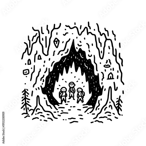 Three stylized cartoon adventurers with backpacks bravely stand at the entrance of a dark mysterious cave illuminated by faint light hinting at exploration and discovery