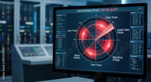 Cyber threat risk management radar screen alert in data center control room technology concept