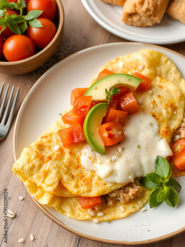 omelet with avocado, tomatoes and cheese for breakfast.
