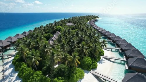 Aerial drone view of tropical island resort with overwater bungalows and turquoise lagoon