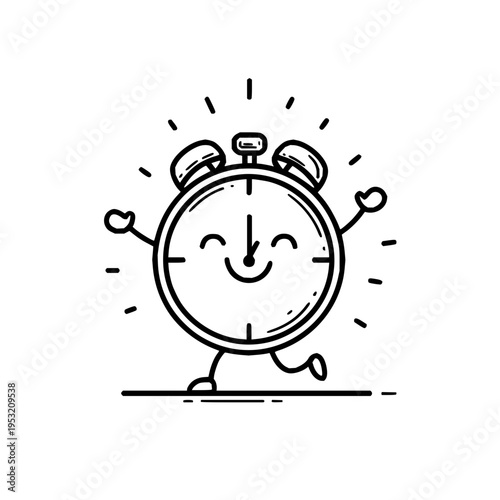 Joyful cartoon alarm clock character with a beaming smile and excited expression energetically running with outstretched arms and radiating lines symbolizing punctuality