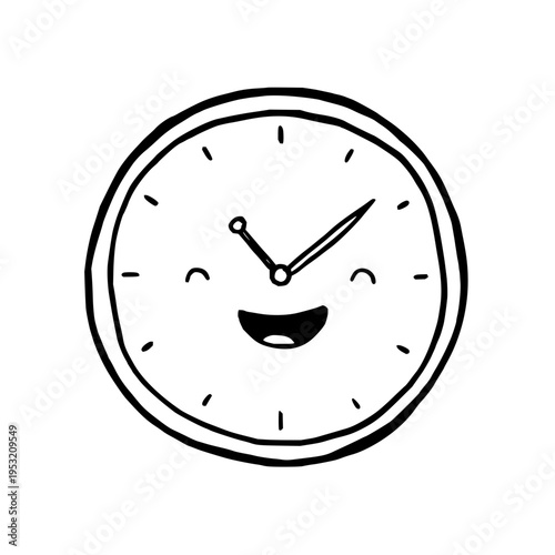 Whimsical hand drawn clock character with a cheerful smile and expressive eyes representing time management punctuality and positive emotions rendered in a simple black and white