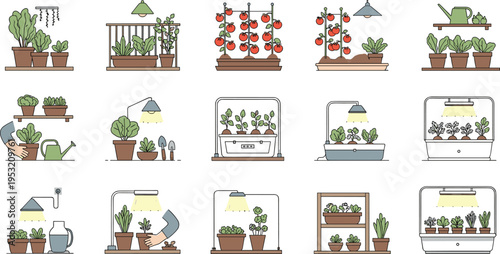 Indoor Gardening Systems Set with Hydroponics, Grow Lights, Shelf Plants, and Home Cultivation Methods for Urban Farming and Smart Garden Designs