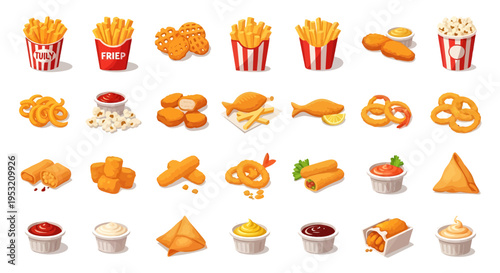 Fried Food and Snacks Icon Set, Crispy Fast Food Appetizers Vector Collection