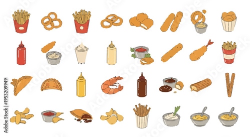 Fried Food and Snacks Icon Set, Hand Drawn Fast Food Illustrations of French Fries, Onion Rings, Chicken Nuggets, Churros, and Dipping Sauces on White Background.