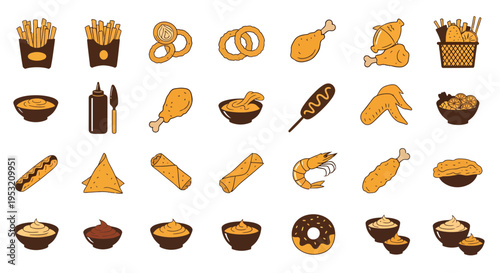 Fried Food and Fast Food Vector Icon Set: Snacks, Chicken, and Appetizers