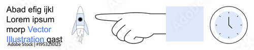 Time management, launch, direction, actions, decision-making, focus. Visual with pointing hand, rocket and clock. Time management and launch concept emphasizing clear actions