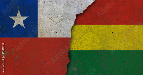 Chile vs Bolivia flags on cracked wall geopolitical concept illustration