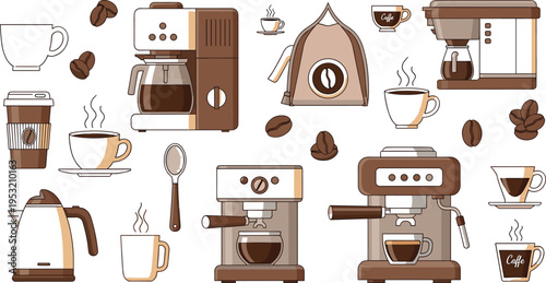 Coffee brewing equipment and cafe drink elements set with espresso machine, coffee maker, kettle, beans, cups and barista tools for coffee shop illustration