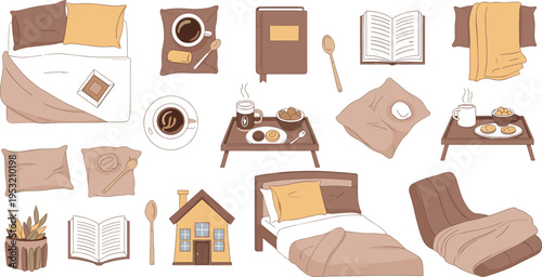 Cozy bedroom lifestyle elements set with bed, pillows, blankets, books, coffee, breakfast tray and home relaxation objects for comfortable interior illustration