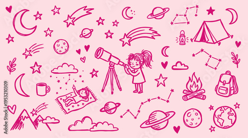 Hand drawn astronomy doodles with girl observing stars and camping elements on pink background