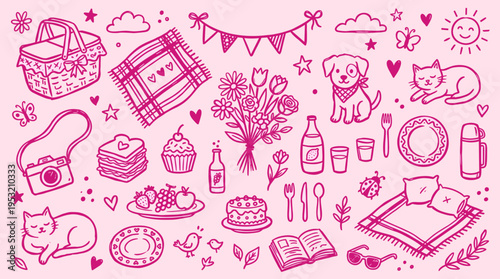 Hand drawn doodle set for summer picnic collection with food animals and leisure items