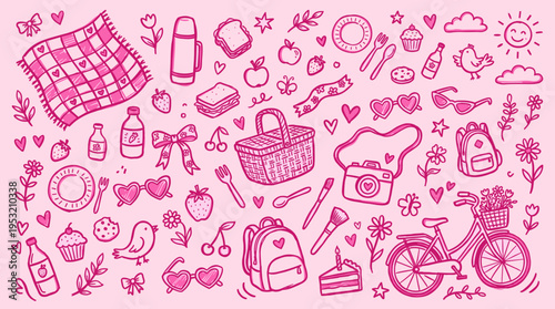 Cute Pink Picnic Doodle Set with Summer Leisure Elements