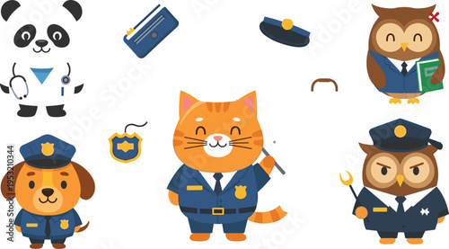 Cute cartoon police animal characters set with cat officer, dog policeman, owl detective, panda and police badges uniform elements for kids illustration