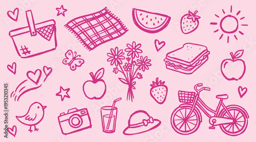 Hand drawn picnic and summer doodle set on pink background