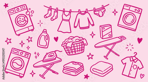 Laundry day doodle set with washing machines clothes and cleaning supplies on pink background