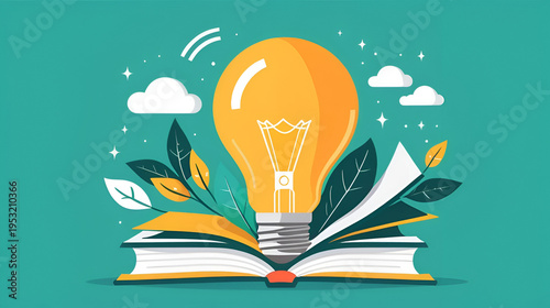 Light bulb with a book, knowledge and ideas fueling growth, flat design illustration