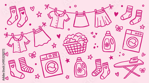 Hand drawn doodle laundry set with clothes washing machine and detergent on pink background