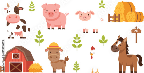 Cute farm animals and countryside elements set with cow, pig, horse, sheep, barn, hay bales, plants and rural farming illustration