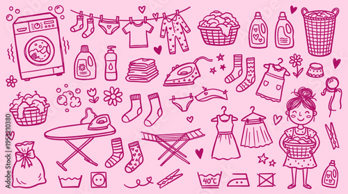 Doodle Laundry Set with Washing Machine Clothes and Cleaning Supplies