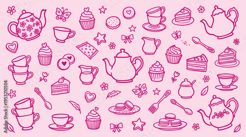 Cute Hand Drawn Tea Party Doodles Pattern on Pink Background