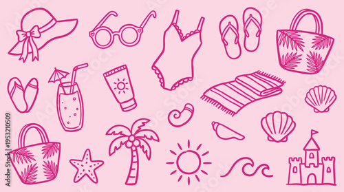 Pink Summer Vacation Doodle Icons Set