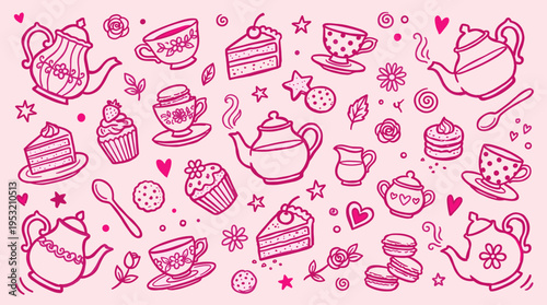 Doodle tea party pattern with teapots cups and pastries on pink background