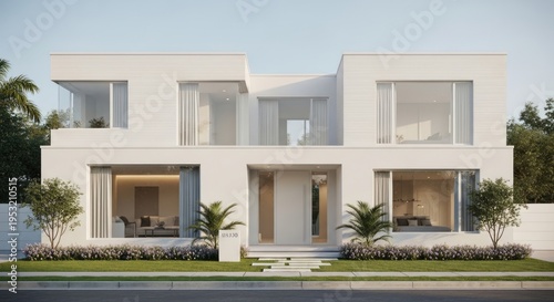 Modern White Luxury Residence With Large Windows And Lush Green Landscaping