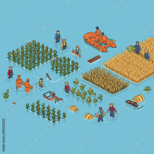 Isometric illustration depicting flooded farmland with people, crops, and rescue efforts.