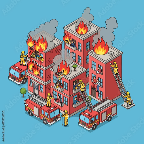 Isometric illustration of a city scene with multiple buildings on fire and firefighters.