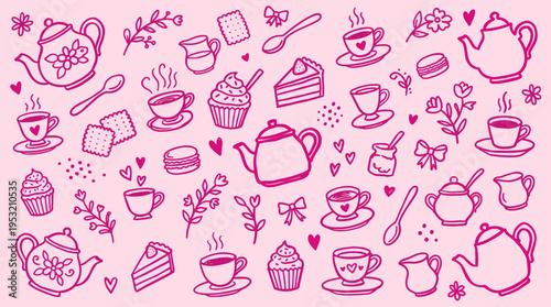 Cute hand drawn tea time pattern with teapots cups and sweets on pink background