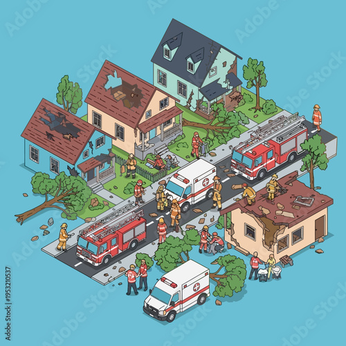 Illustration depicting a neighborhood affected by a natural disaster, with emergency services.