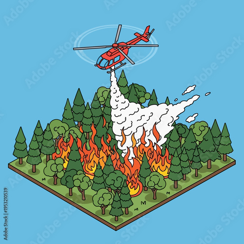 A helicopter douses a forest fire with water, attempting to extinguish the flames.