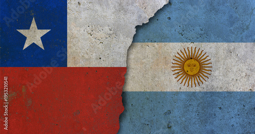 Chile vs Argentina flags on cracked wall geopolitical concept illustration