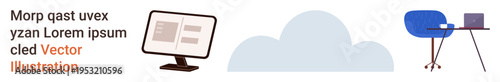 Cloud technology, remote work, digital communication, tech setup, coworking, home office design. A screen, cloud graphic and a workstation with a laptop and chair. Remote work and cloud technology