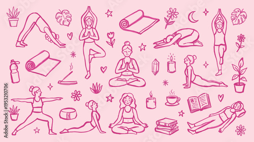 Hand drawn yoga poses and wellness elements doodle set